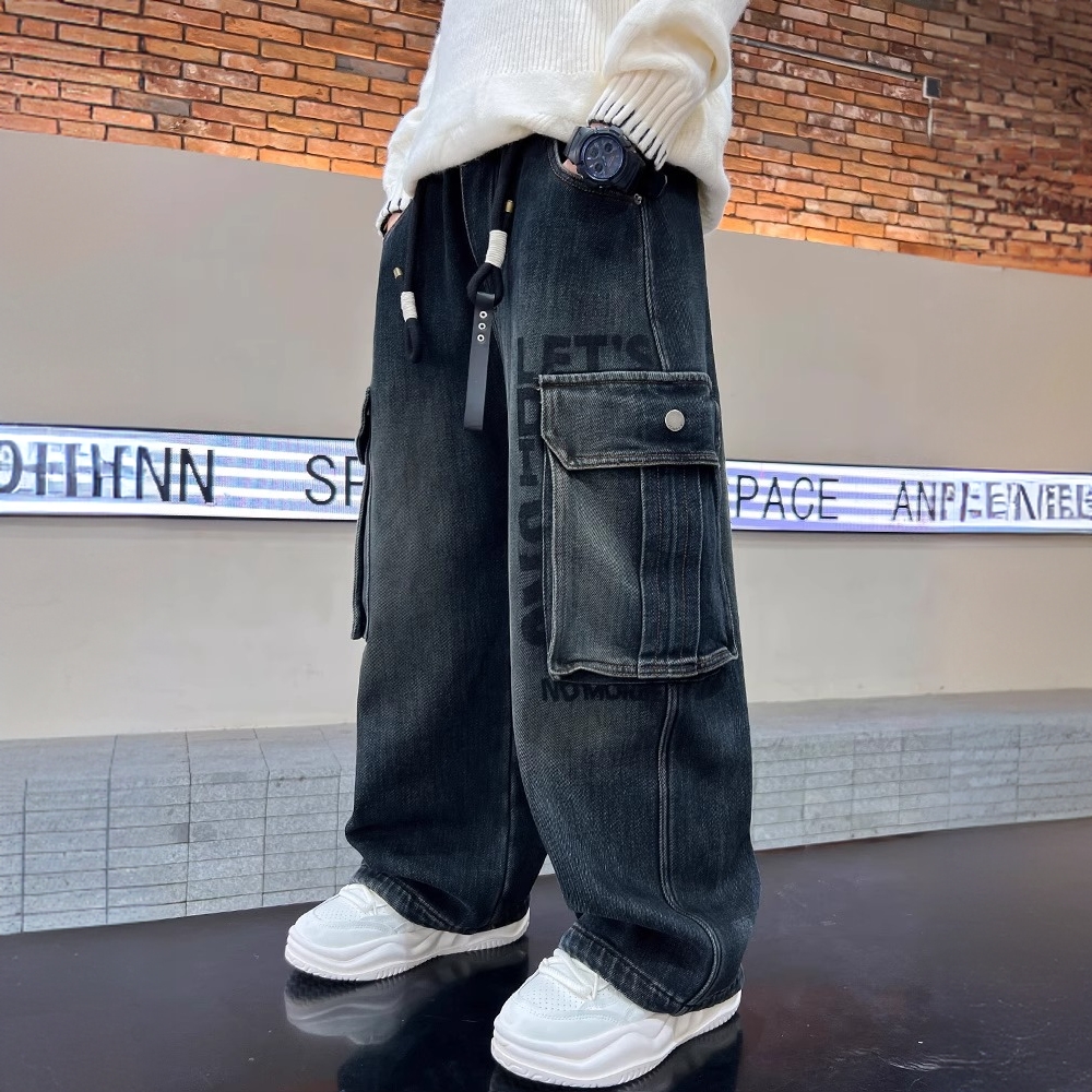 男童牛仔裤秋装2025新款中大童酷帅男孩秋冬季加厚一体绒工装裤子