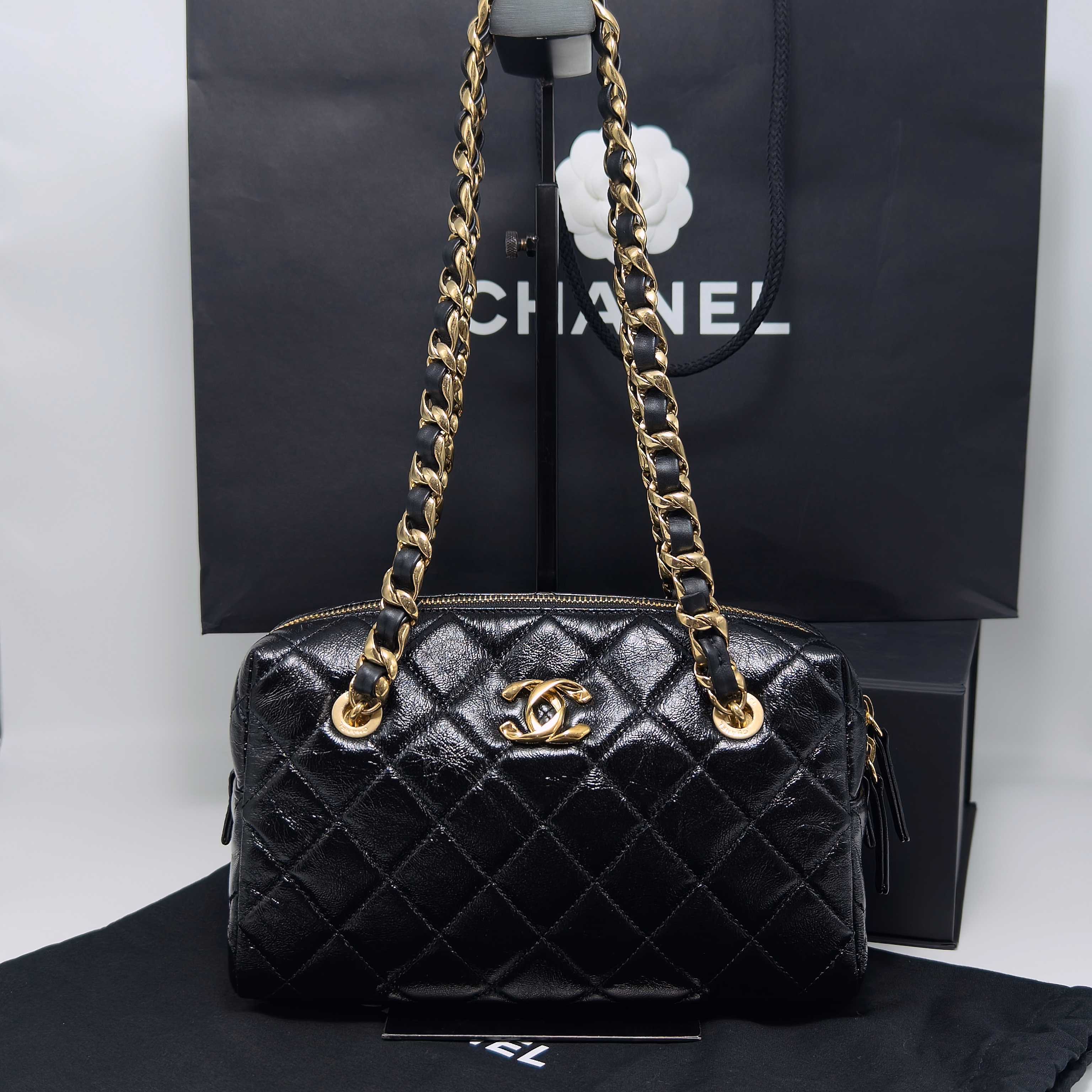 99新 Chanel/香奈儿 保龄球油蜡皮黑金单肩腋下包 83434