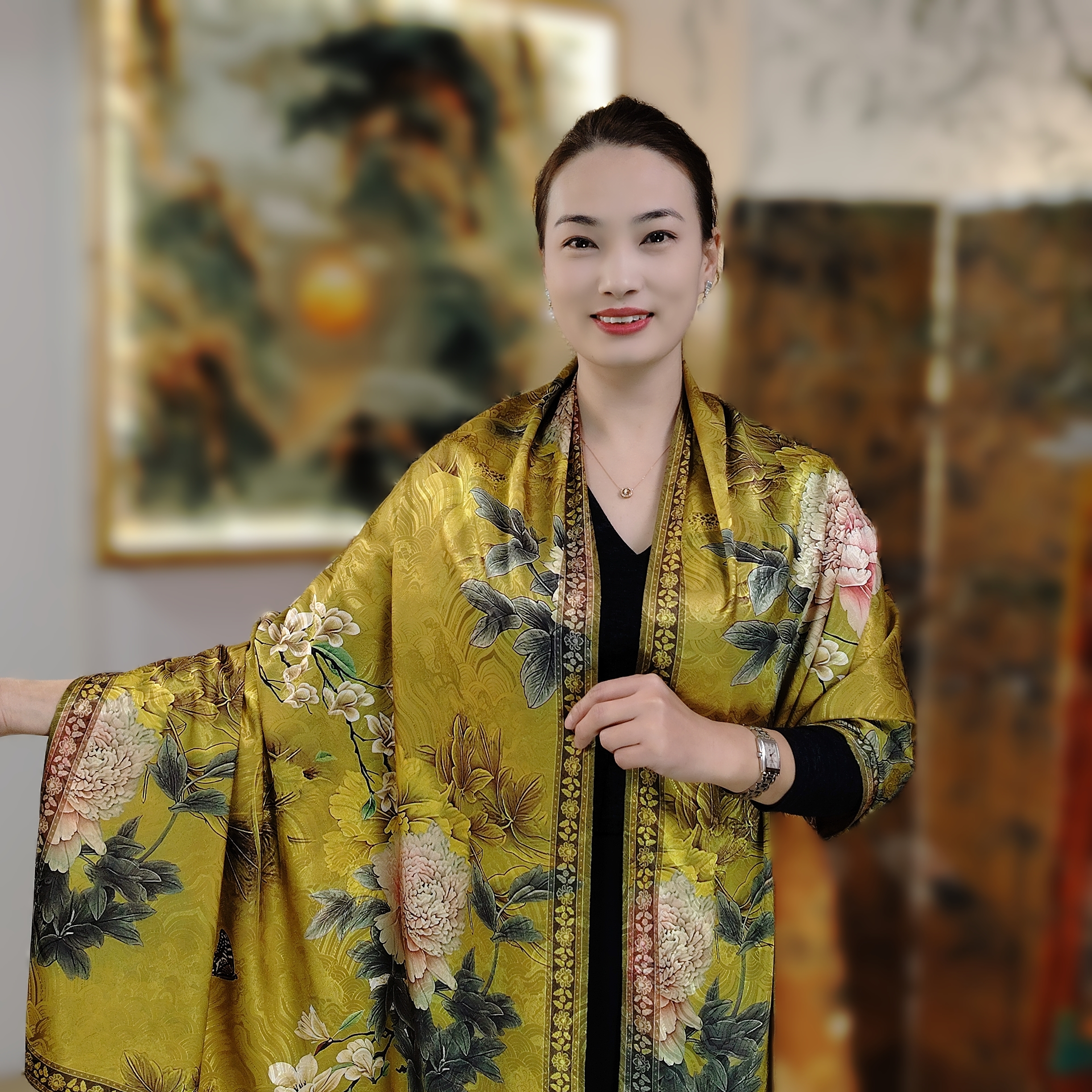 【沉香牡丹】180*70香韵纱提花长巾女士丝巾围巾国风复古百搭披肩