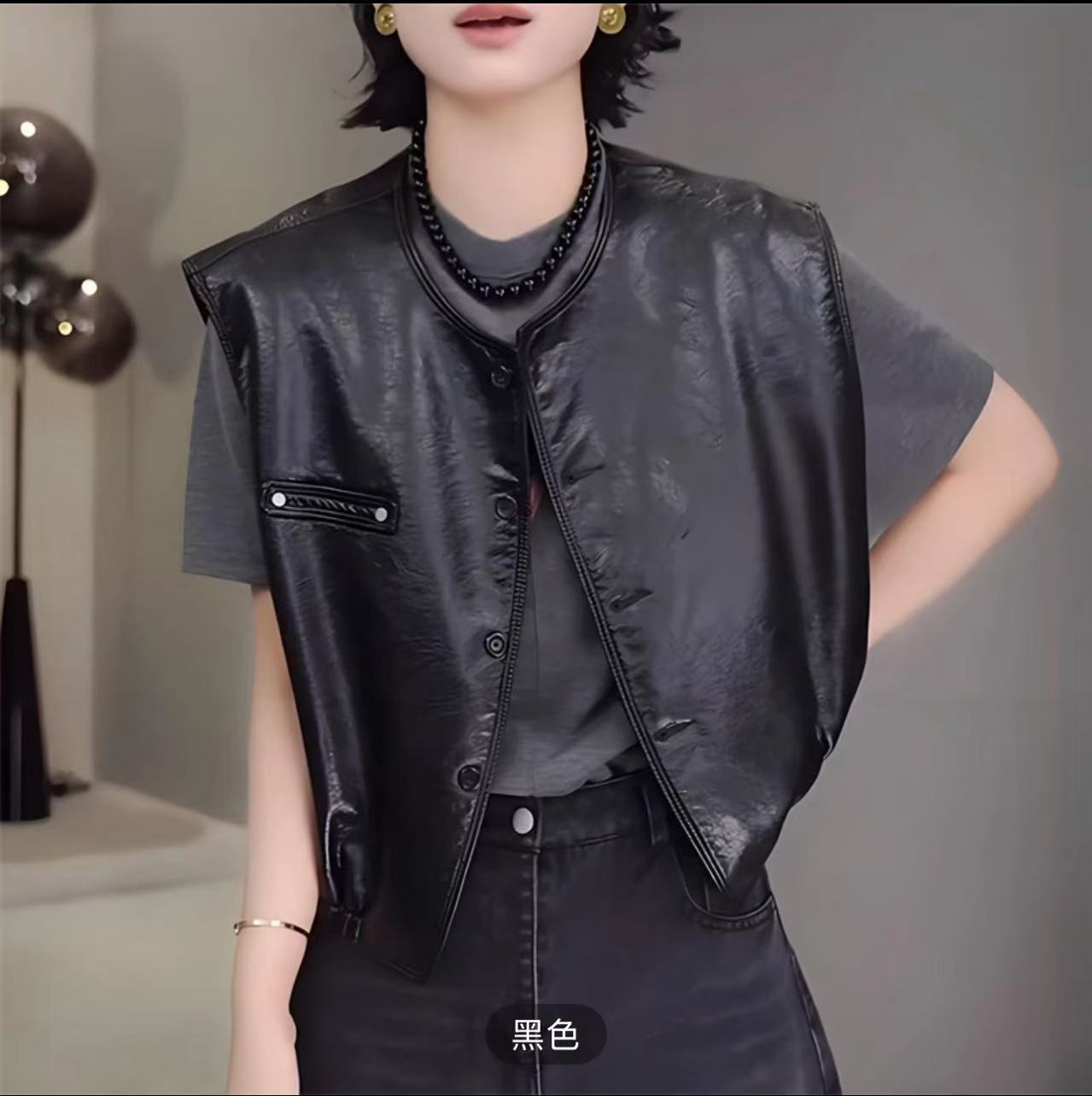 【运费补贴】欧货复古PU皮马甲2025早秋新款无袖坎肩#2501