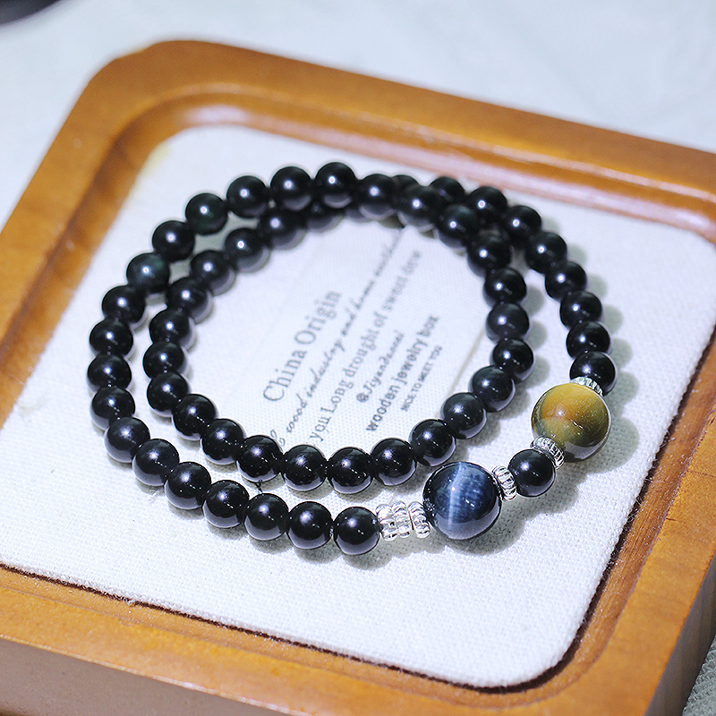 天然黑曜石两圈手链搭配虎眼石双圈手串男女时尚