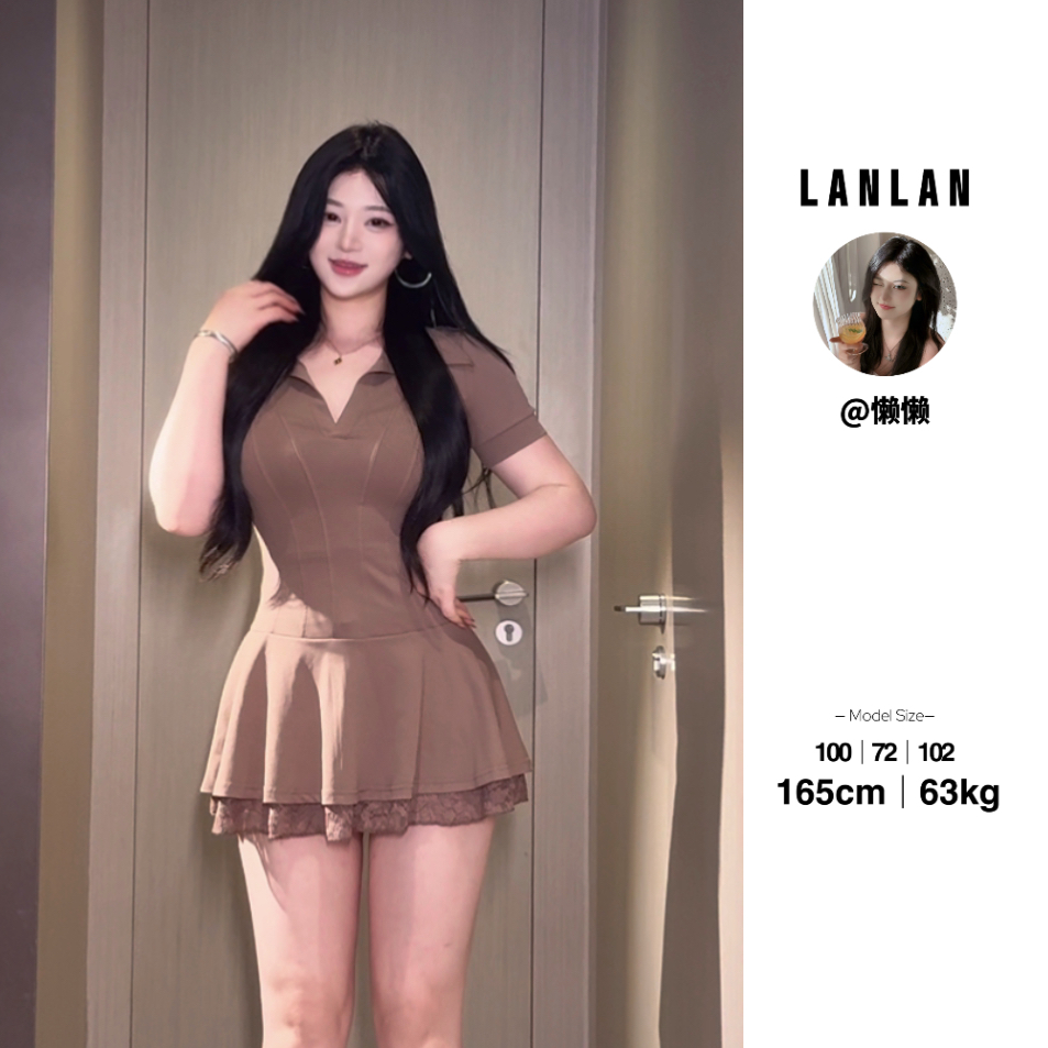 Lanlan-【夏日牧野】修身掐腰蕾丝百褶群短袖连衣裙polo领短裙