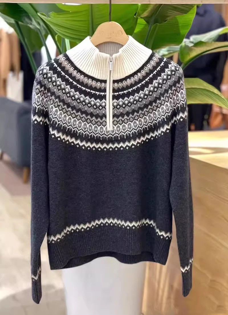 小禾纯原羊毛羊绒提花宽松拉链立领百搭针织衫