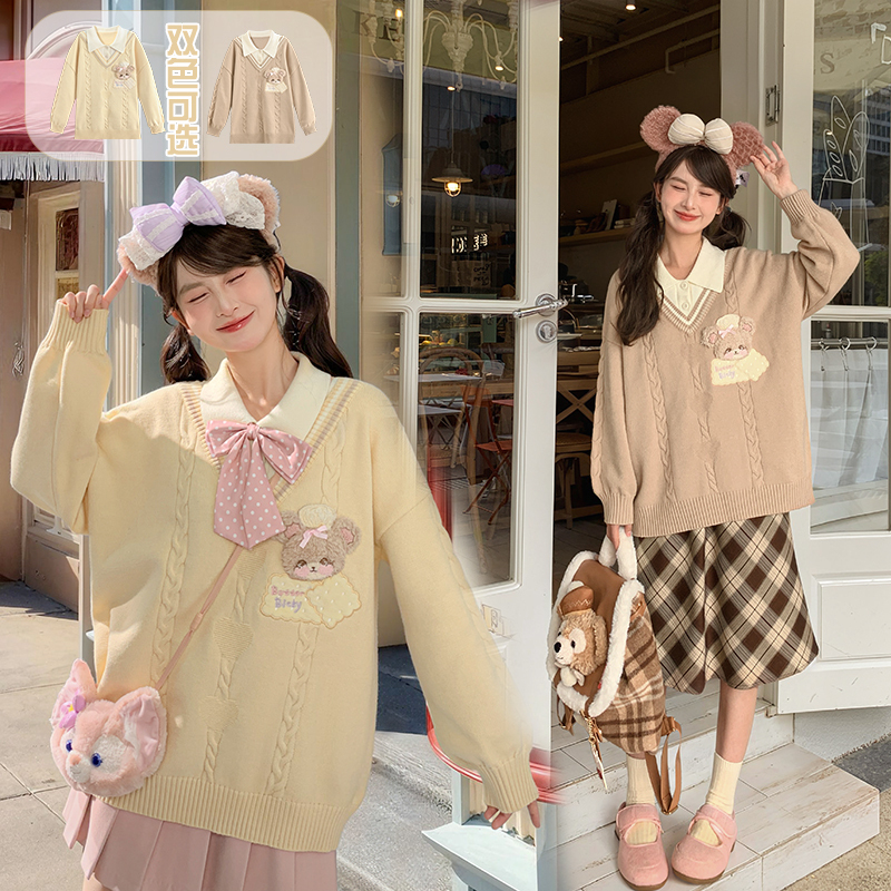 森女部落学院风可爱小熊刺绣针织衫女新款假两件设计感宽松上衣秋
