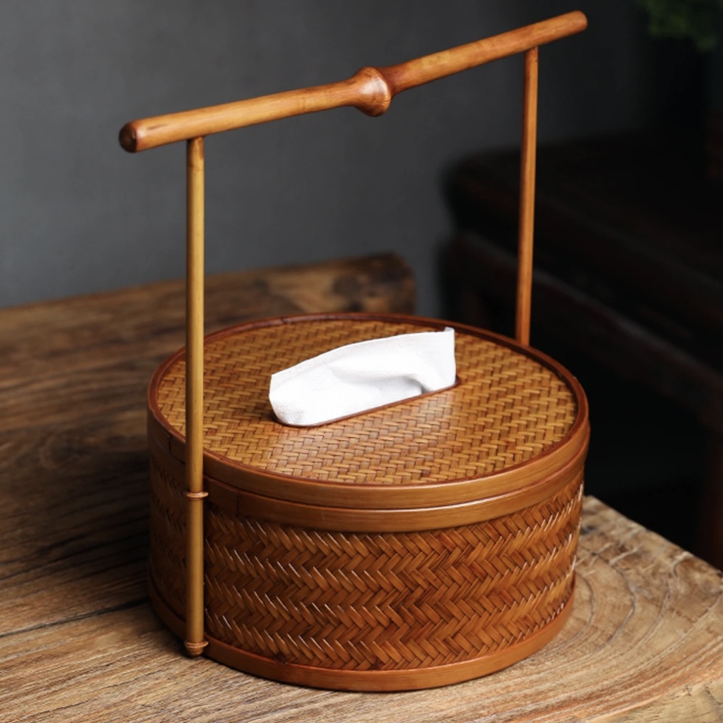 【茶器】手工竹编日式多功能圆形手提纸巾盒茶盘水果盆茶点盘收纳盒