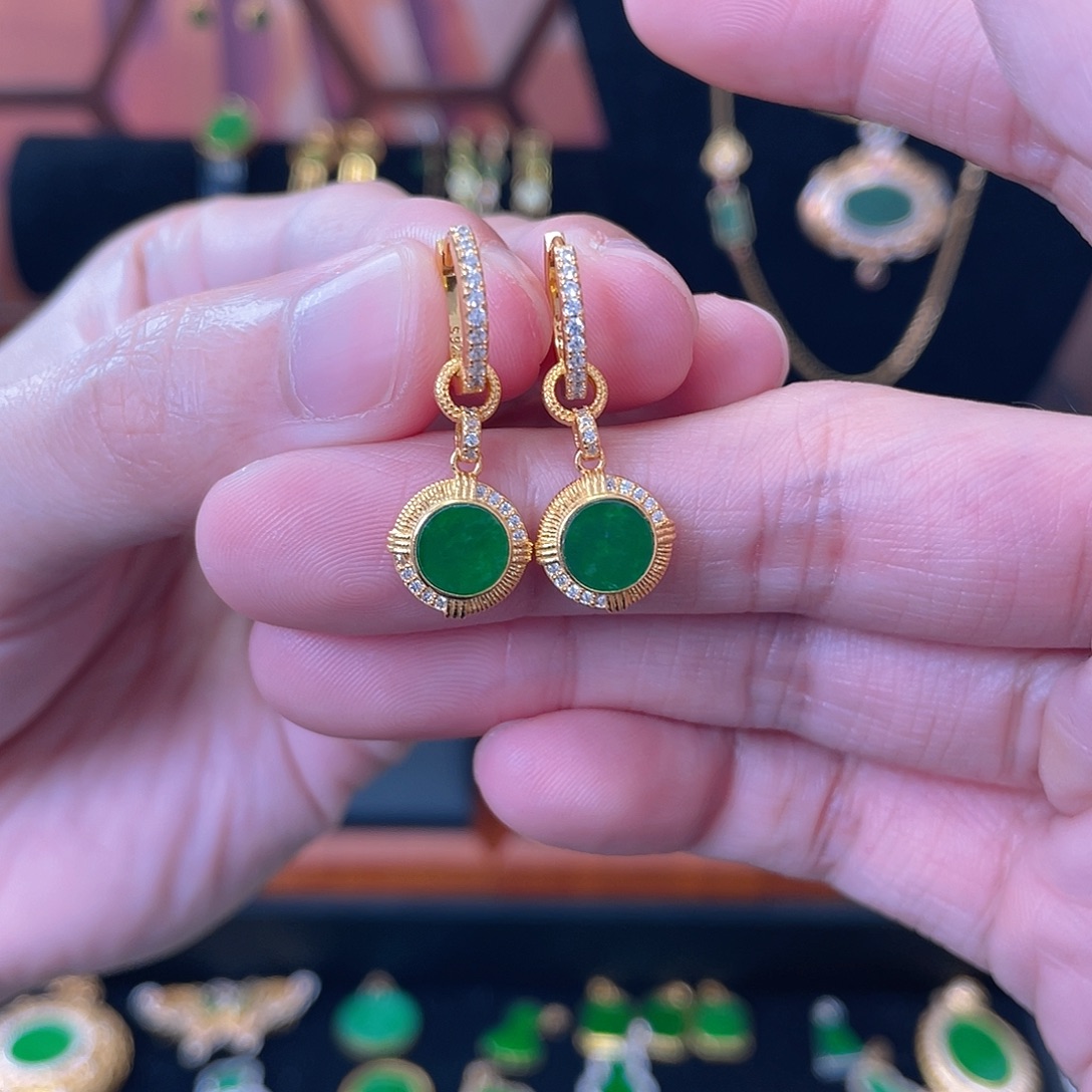 翡翠银S925镀金镶嵌耳饰