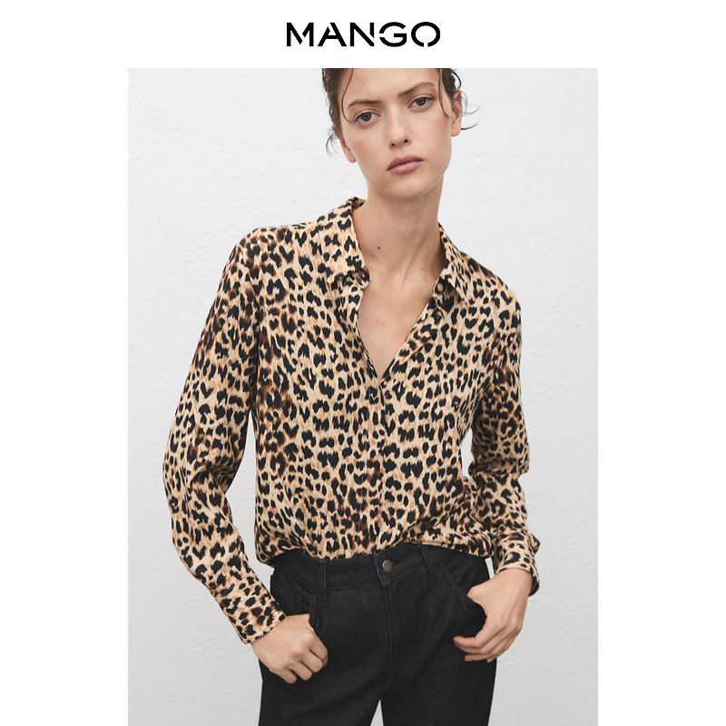 MANGO女装衬衫2025秋装新款缎面豹纹印花气质宽松美拉德长袖衬衣