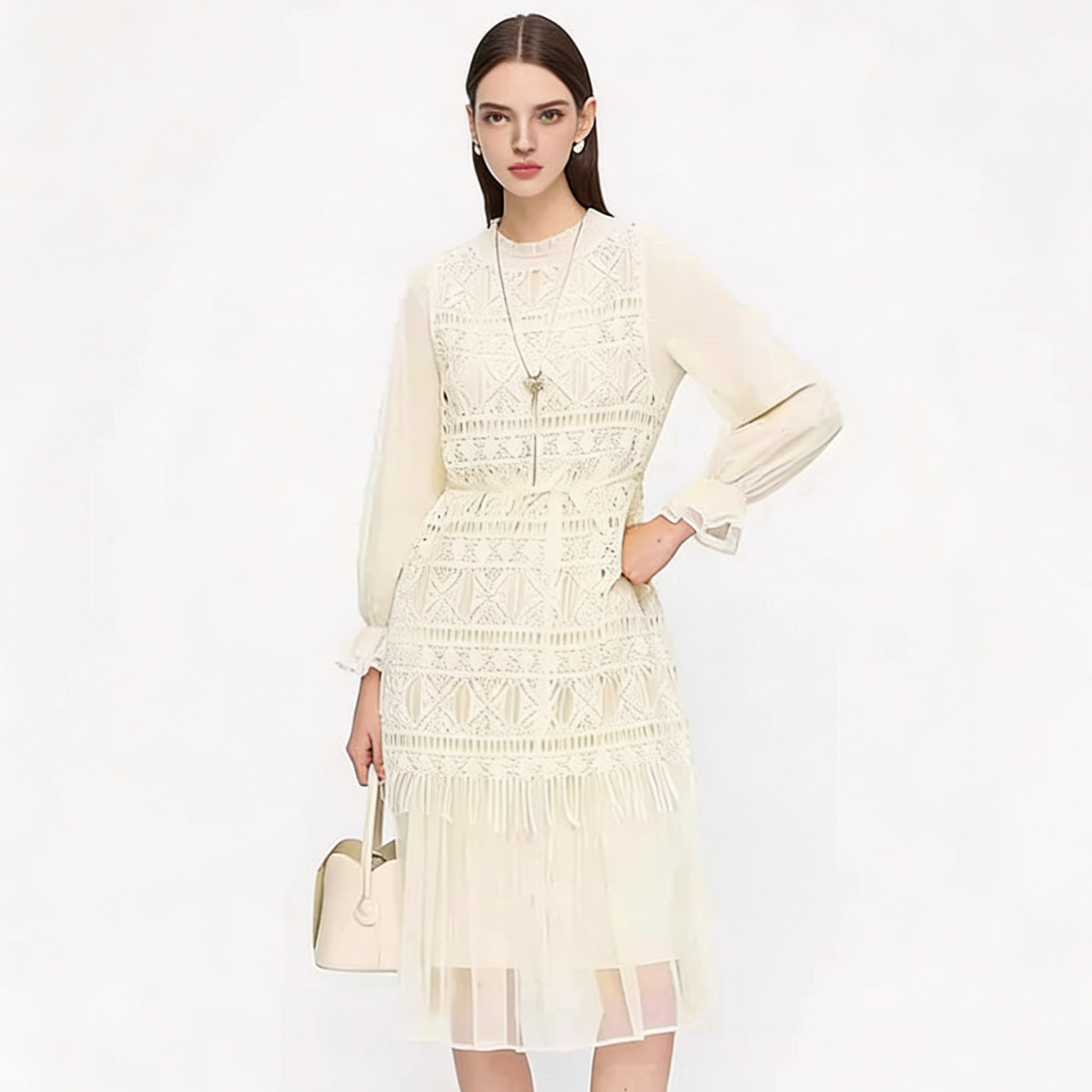 圣迪奥【温柔轻熟系列】蕾丝气质针织轻奢连衣裙S253Z1408
