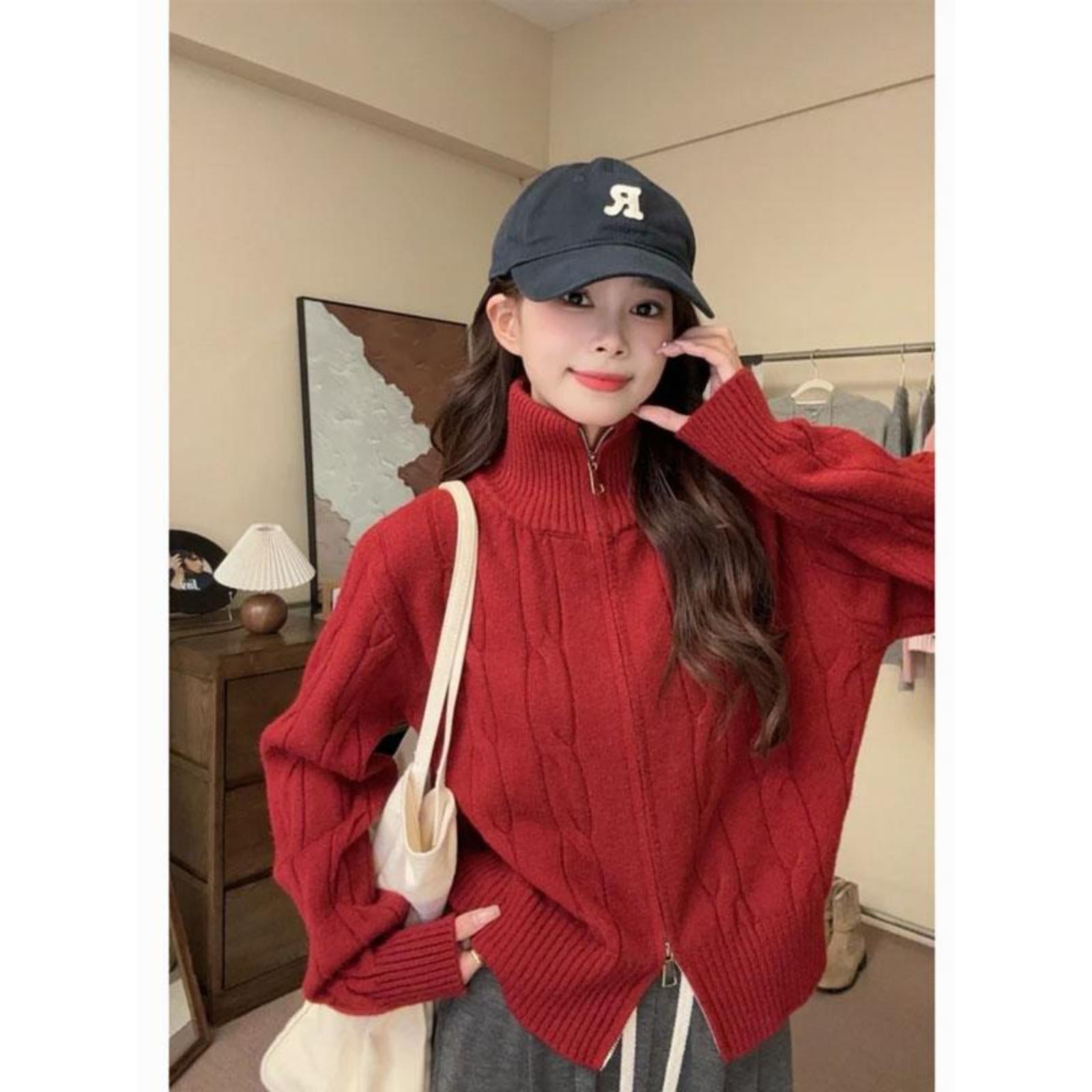 新年过年双拉链麻花高领红色毛衣女秋冬季加厚慵懒风针织开衫外套