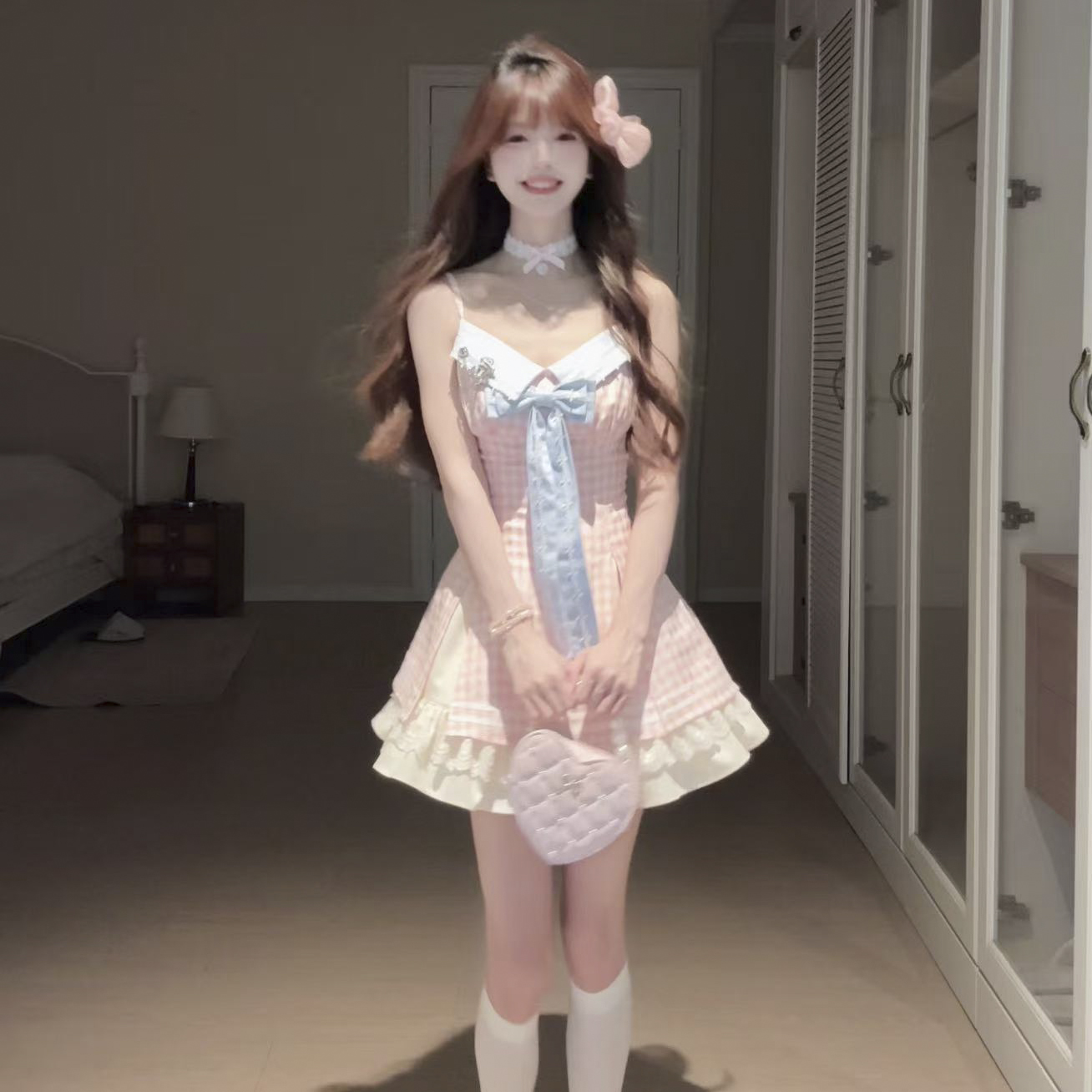 桔梗house 桃桃曼波【现货】温柔甜美风少女粉蓝撞色格子吊带裙开衫