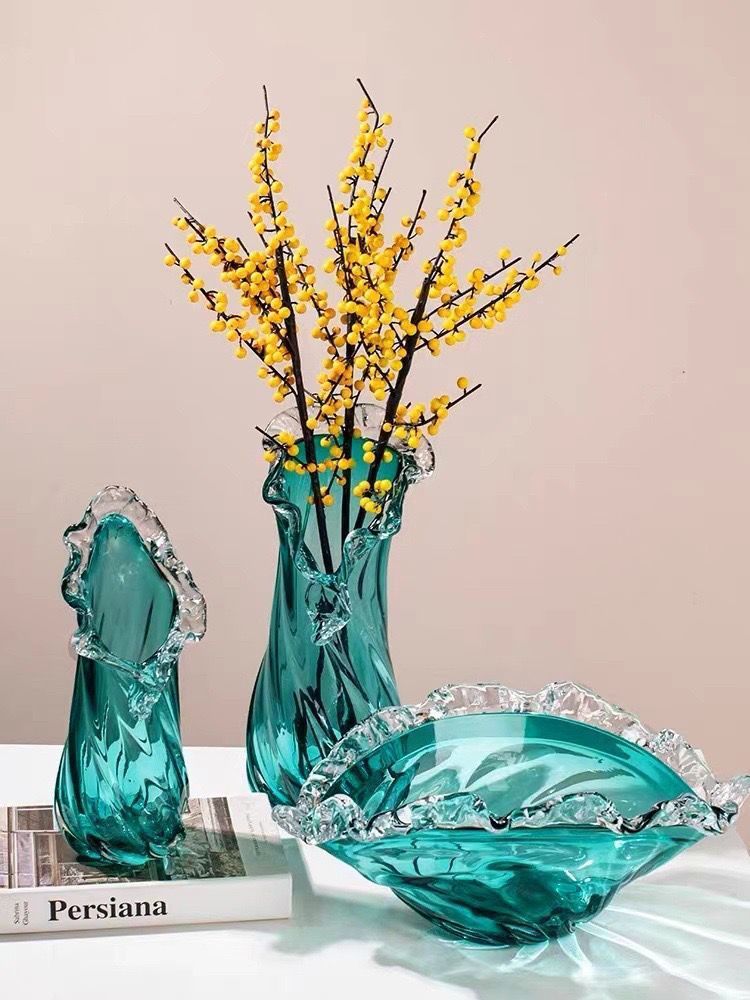 湖水蓝开口花边客厅现代插花花瓶大气创意高级感高档花艺水培摆件