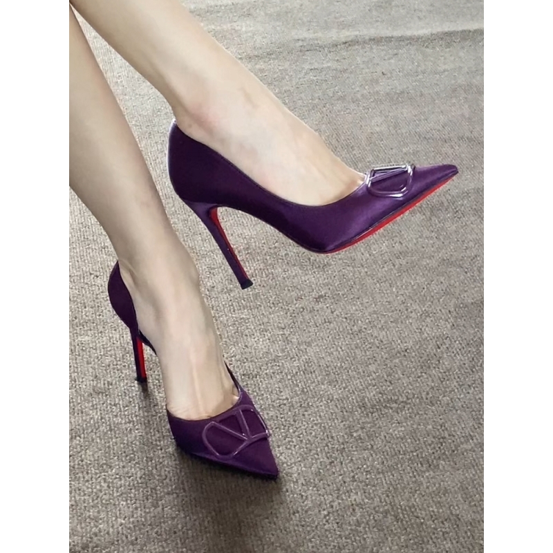 La'ureltree  御姐名媛紫色红底高跟鞋女尖头侧空细跟V扣单鞋10CM