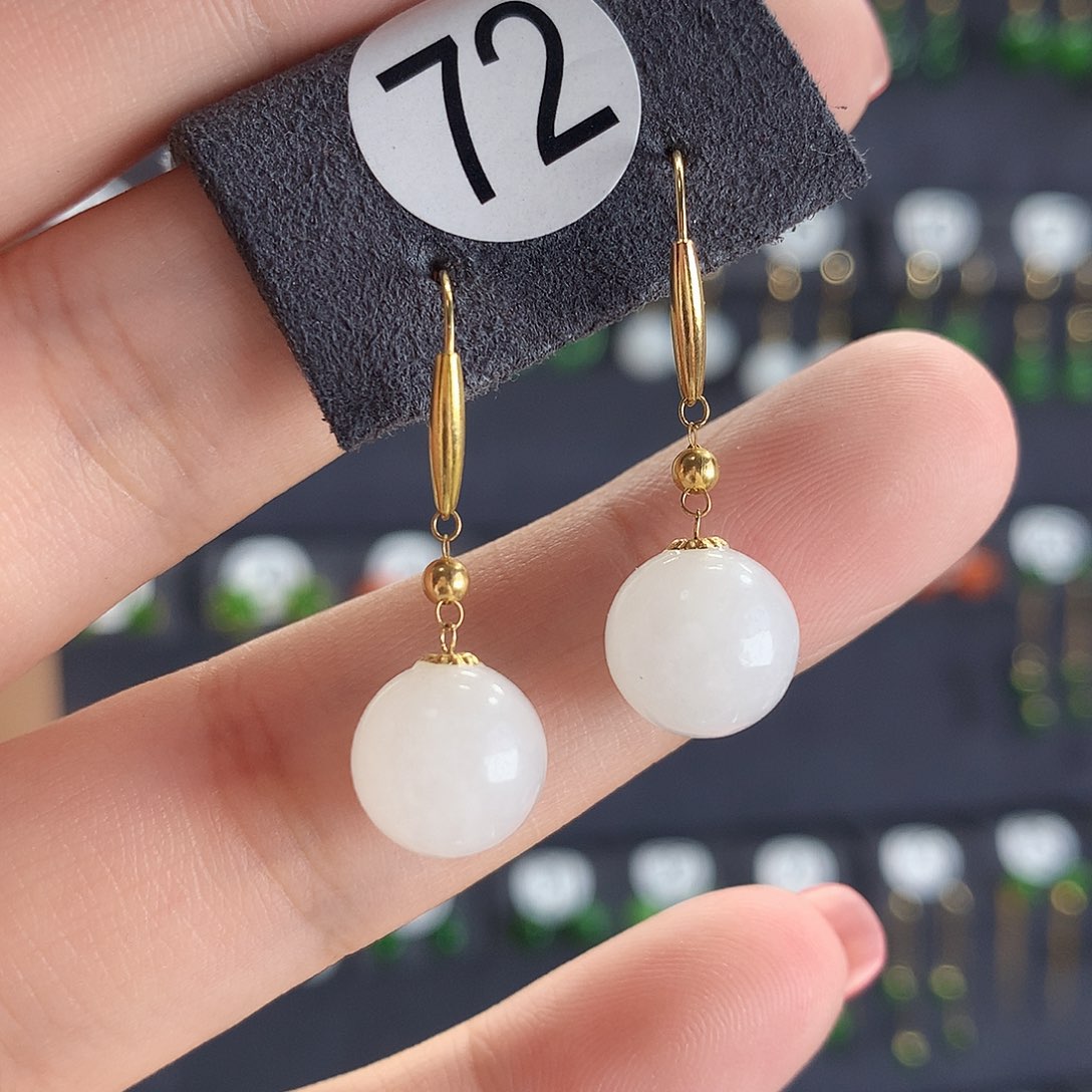 和田玉耳饰18K金镶嵌72