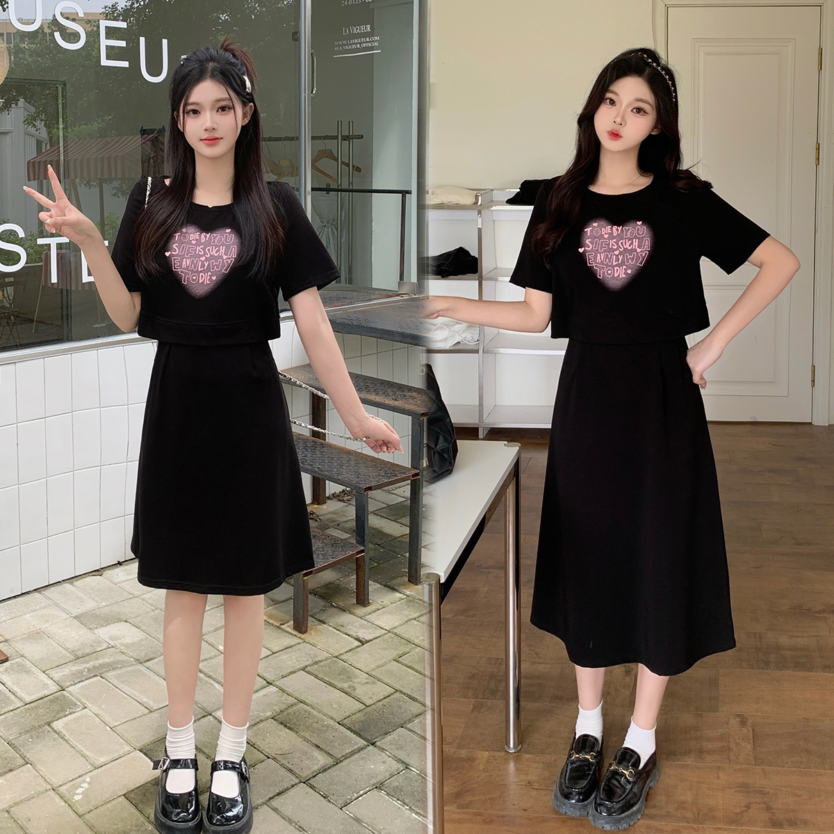 【涵胖胖】清女2025夏季时尚短袖假两件连衣裙宽松显瘦A字裙63106