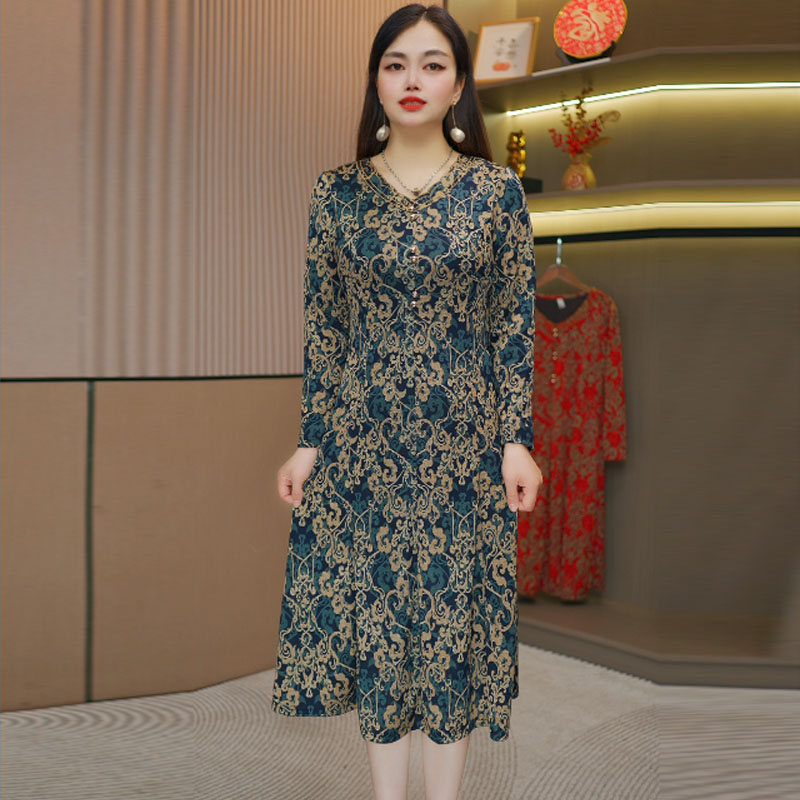中老年春秋长袖连衣裙2025气质裙子女春装妈妈洋气长裙小个子女装