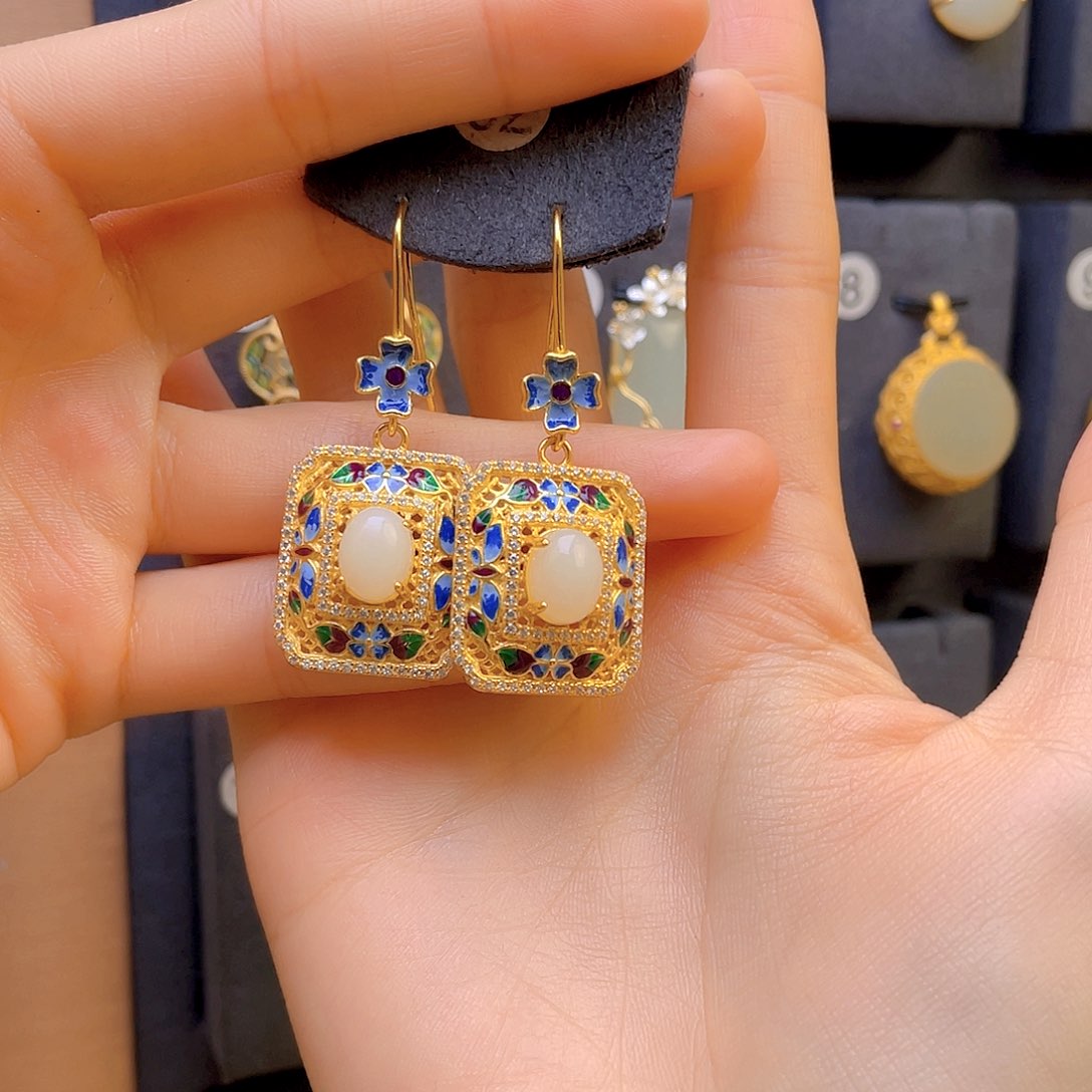 和田玉耳饰银S925镀金镶嵌