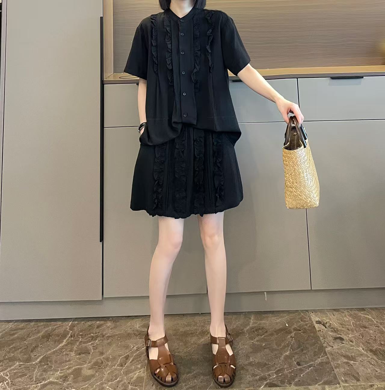 米可/MK-2522ZJ【木耳边拼接上衣半裙套装】时尚夏季新款两件套