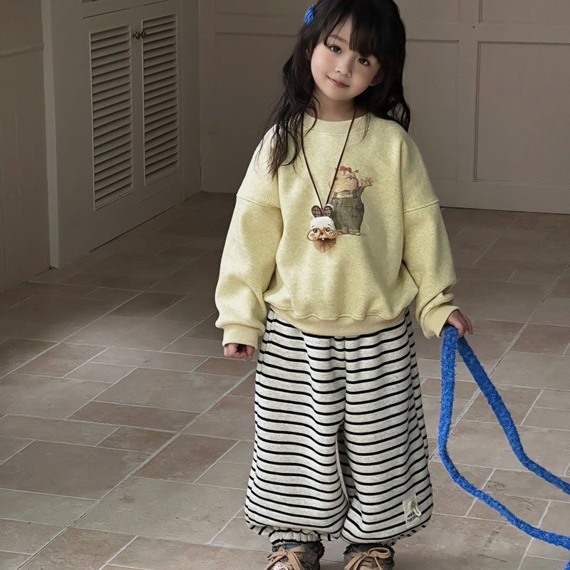 女童加绒卫衣2025新款秋冬季儿童卡通上衣条纹裤女童亲子装