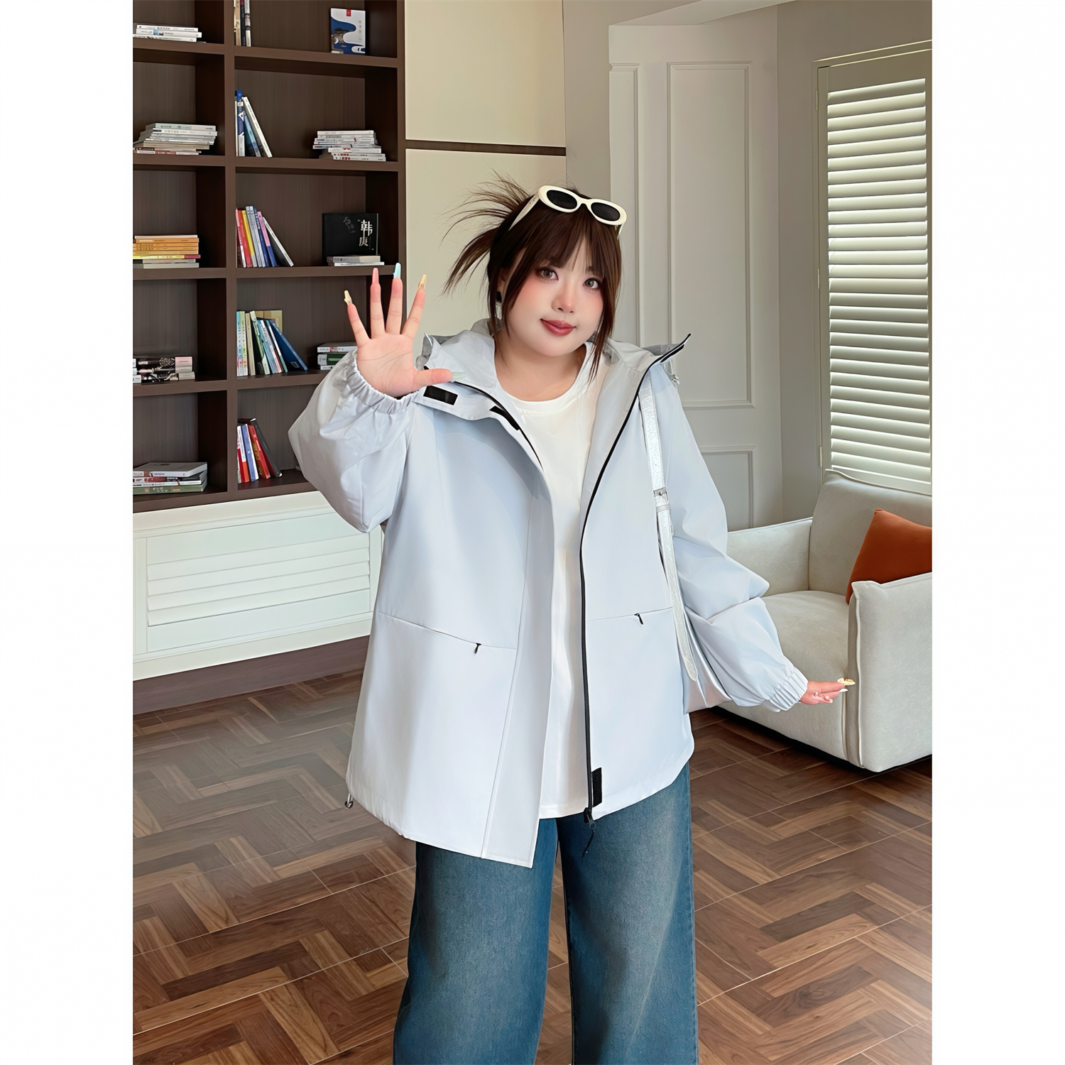 大码女装秋季花契200斤胖mm韩版宽松休闲百搭户外冲锋衣4343-测