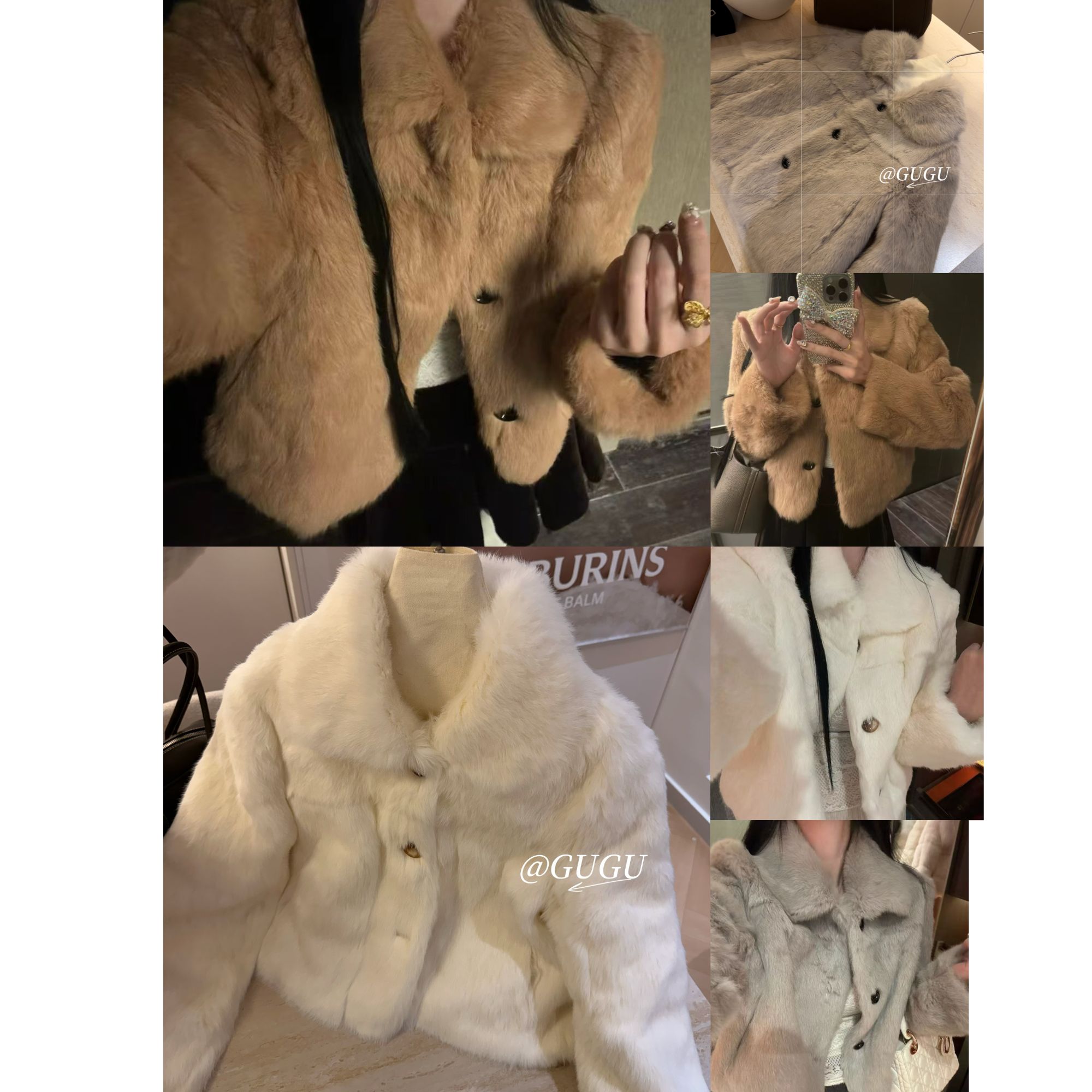 【古古】升级翻领扣子短款100%韩版皮草高级保暖兔毛外套 G25571