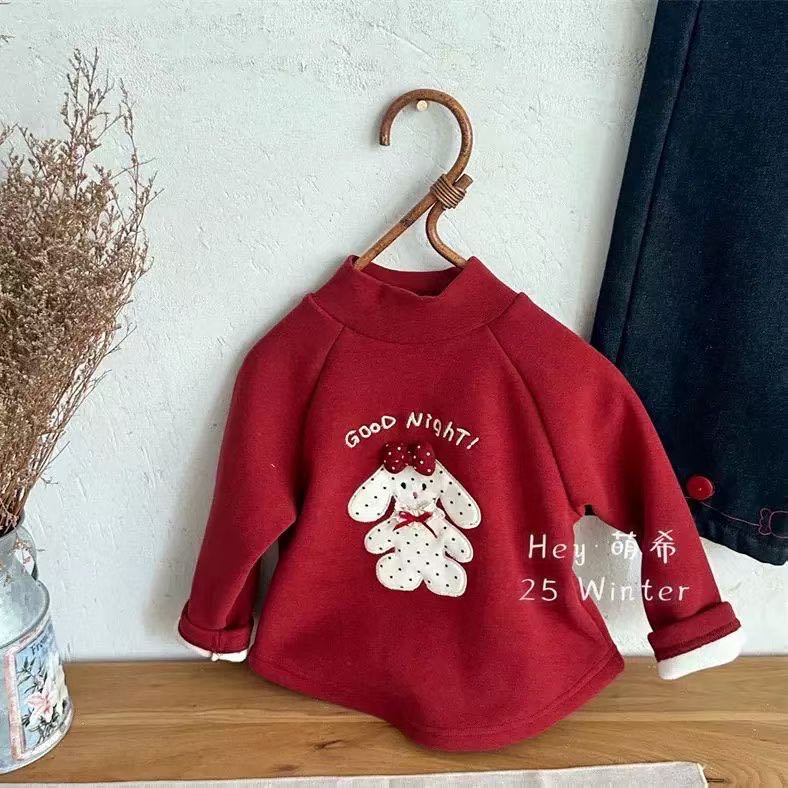 【新疆包邮】儿童加绒红色波点小兔打底衫09200