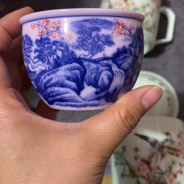 摆件瓷红稀土青花釉里红山水大缸杯