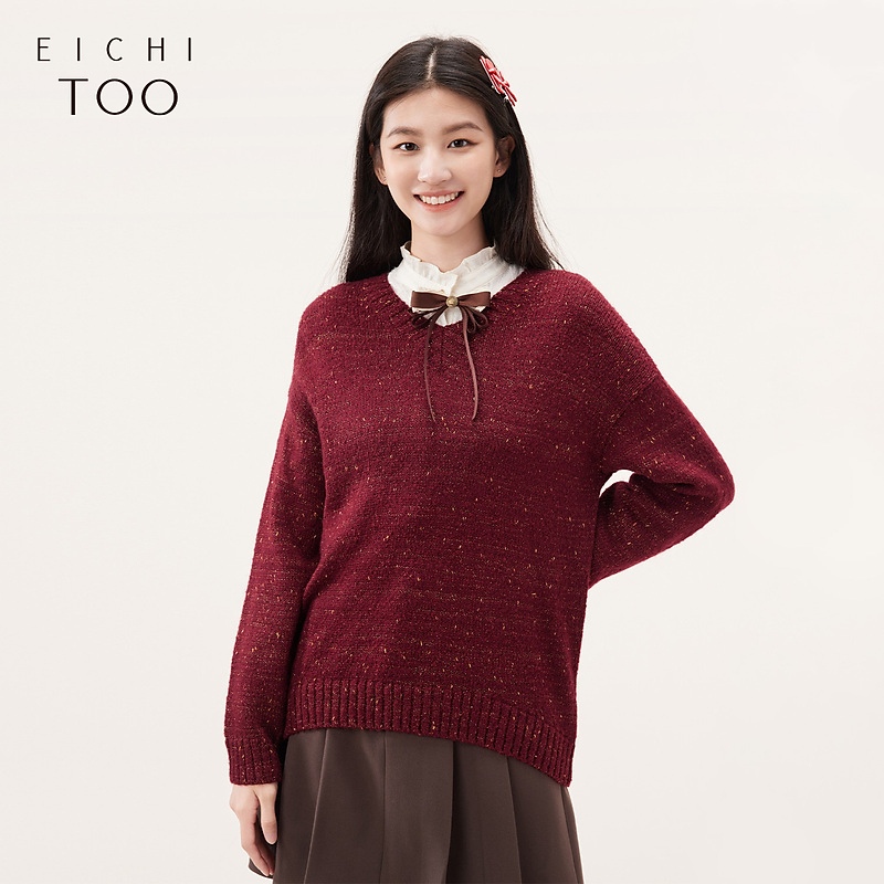 爱居兔暗红色时尚复古长袖针织衫ENZAJ3N001A