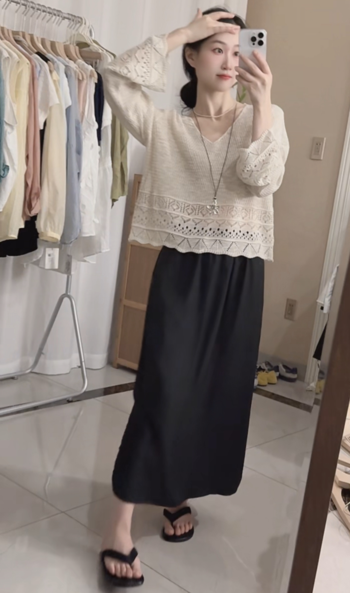 IN HERE 长袖薄款U型领镂空夏季毛针织衫显瘦秋季女装蕾丝醋酸裙