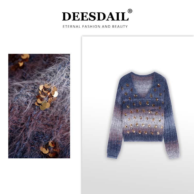 DEESDAIL秋冬长袖v领亮片毛衣百搭显瘦针织衫女A214/A213