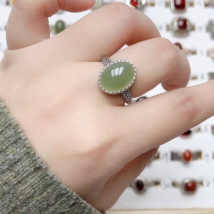 和田玉戒指银S925镶嵌天然