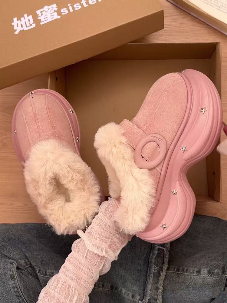 厚底雪地靴女2025冬季新款一脚蹬一体包头保暖拖加绒棉鞋靴毛毛鞋