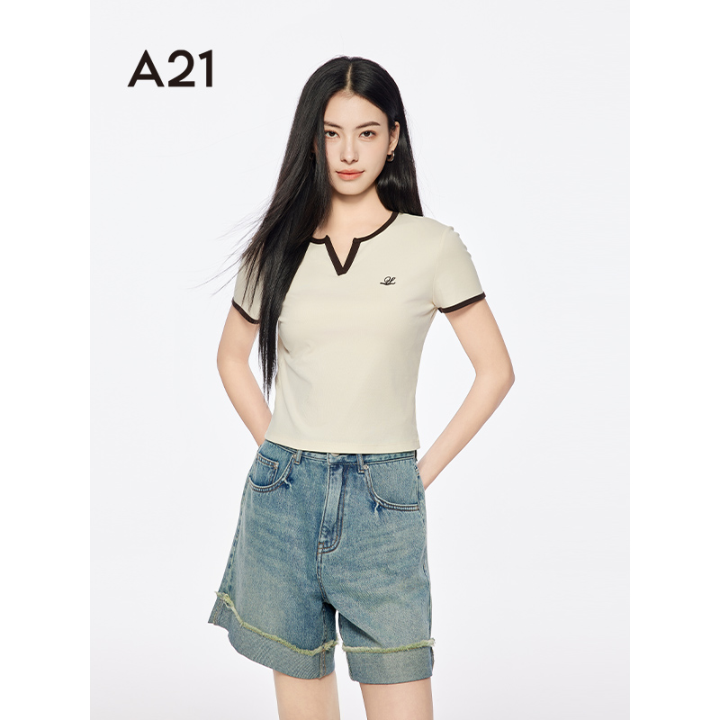 A21女装针织修身撞色V领套头短袖T恤F452231032