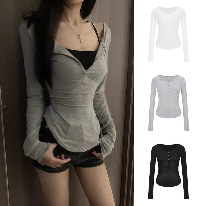 【6-8运补】辣妹U领长袖纯欲风性感t恤女秋别致打底上衣+白色短袖
