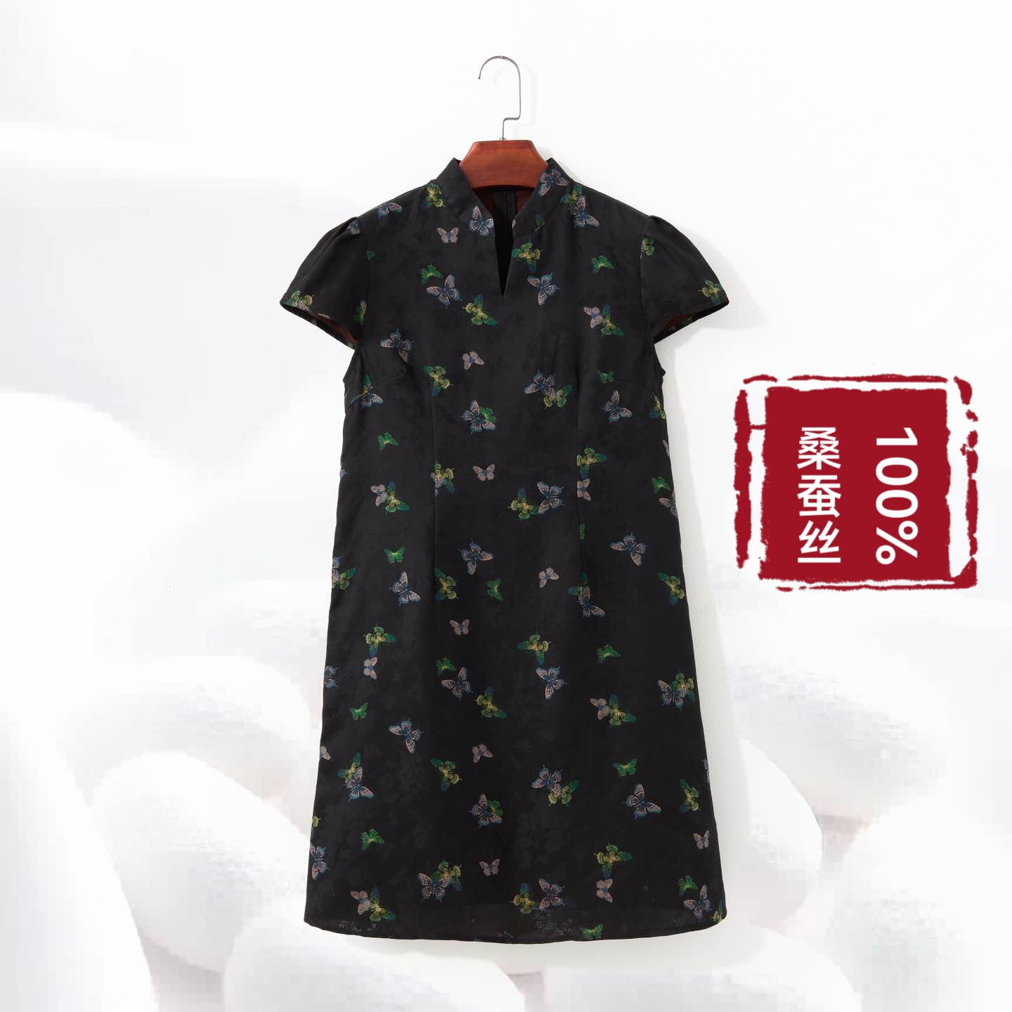 【100%桑蚕丝香妃连衣裙】蝴蝶印花连衣裙香云纱老料连衣裙dz308