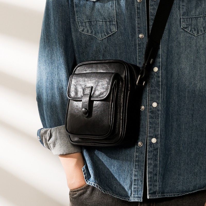 后步真皮男士包包休闲百搭单肩包男潮个性斜挎包竖款牛皮小背包女