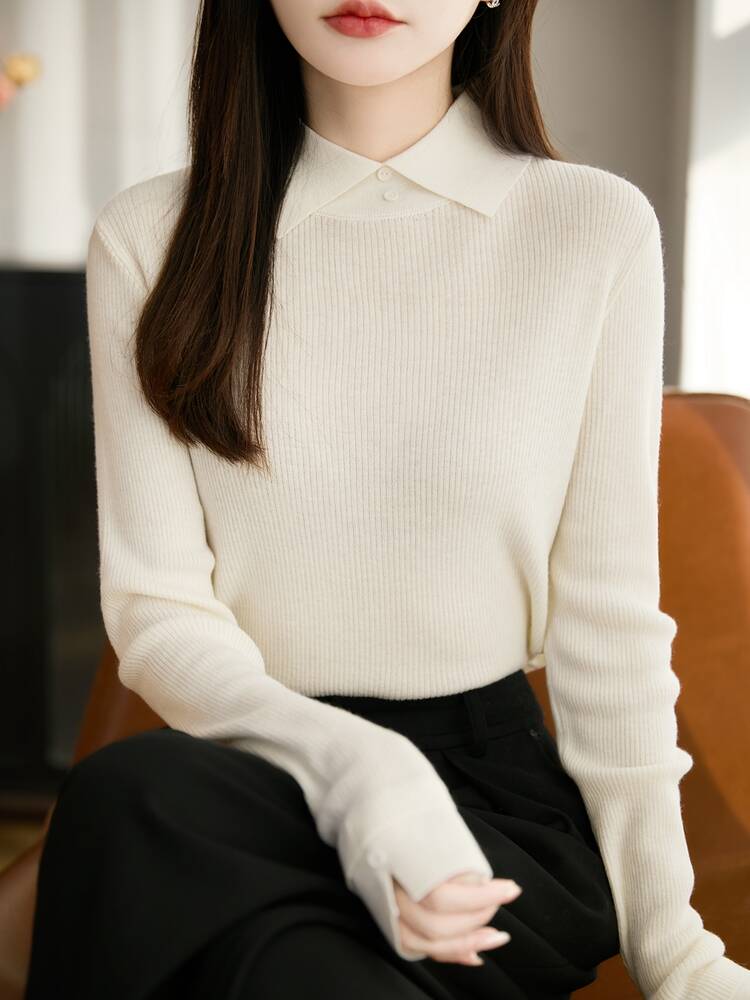 超细绵羊毛秋冬新款翻领纽扣内搭针织打底衫减龄显瘦毛衣