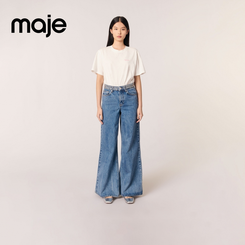 【棉】Maje2025早秋新款女装棉高腰铆钉微喇阔腿牛仔裤MFPJE00706