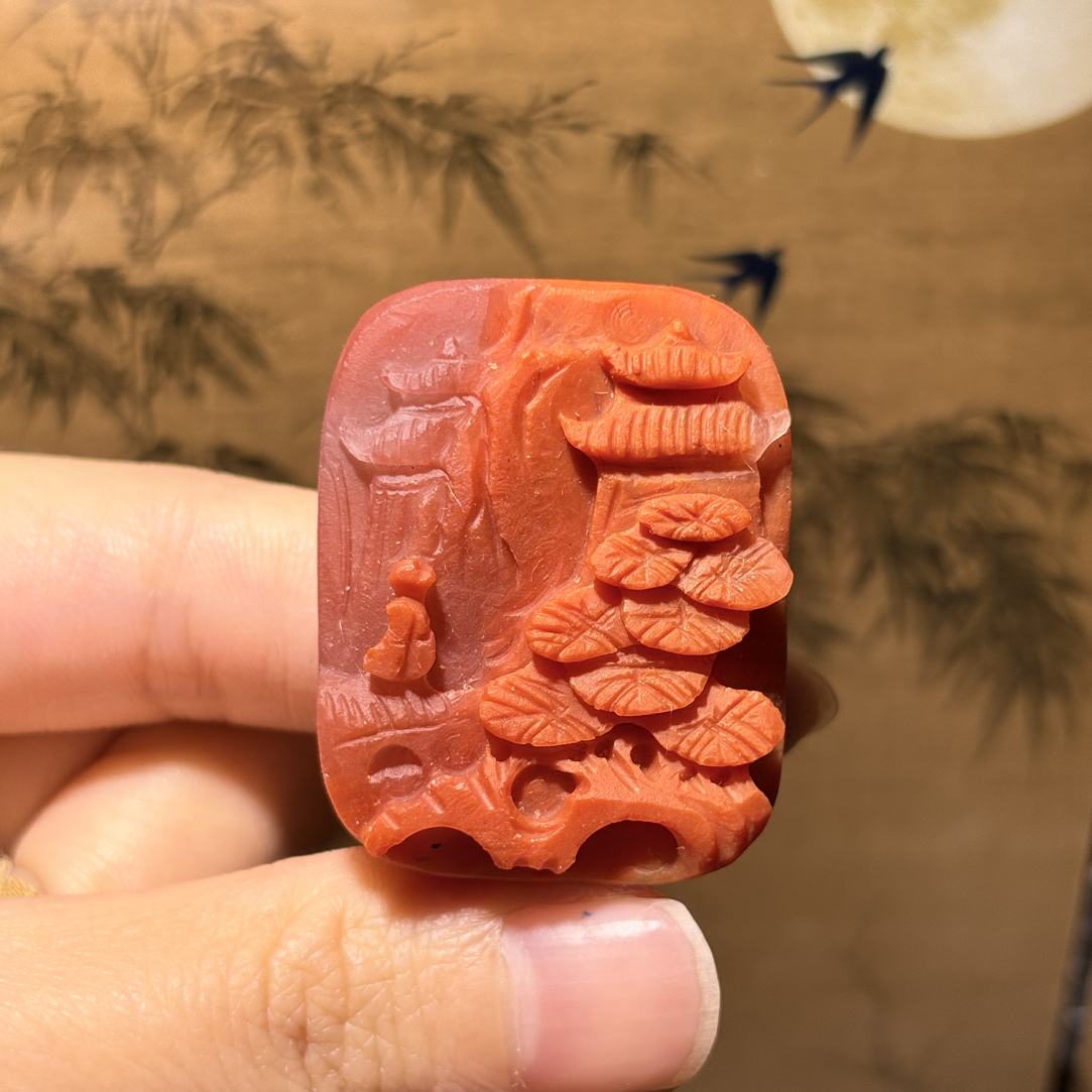 南红玛瑙雕刻件山水牌