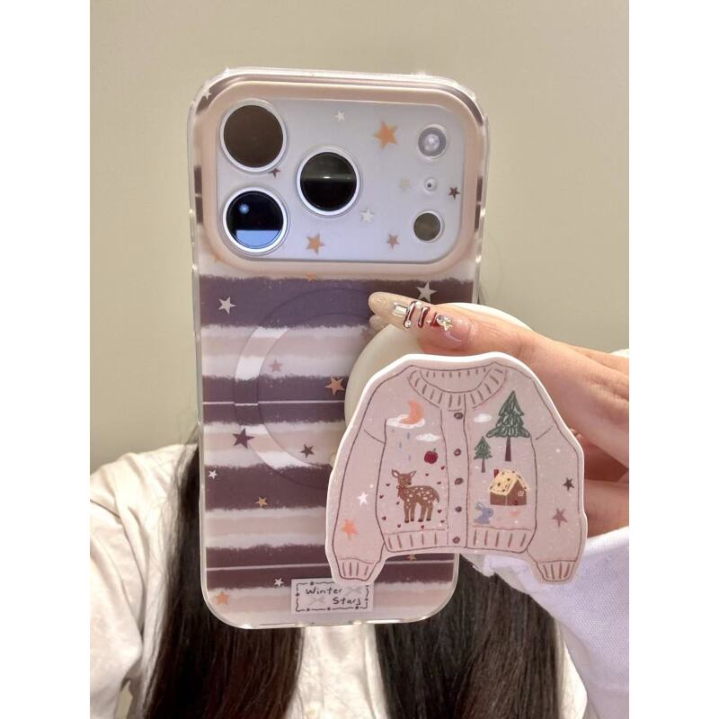 卡通条纹星星麋鹿毛衣磁吸适用于iphone17promax苹果16手机壳15pr