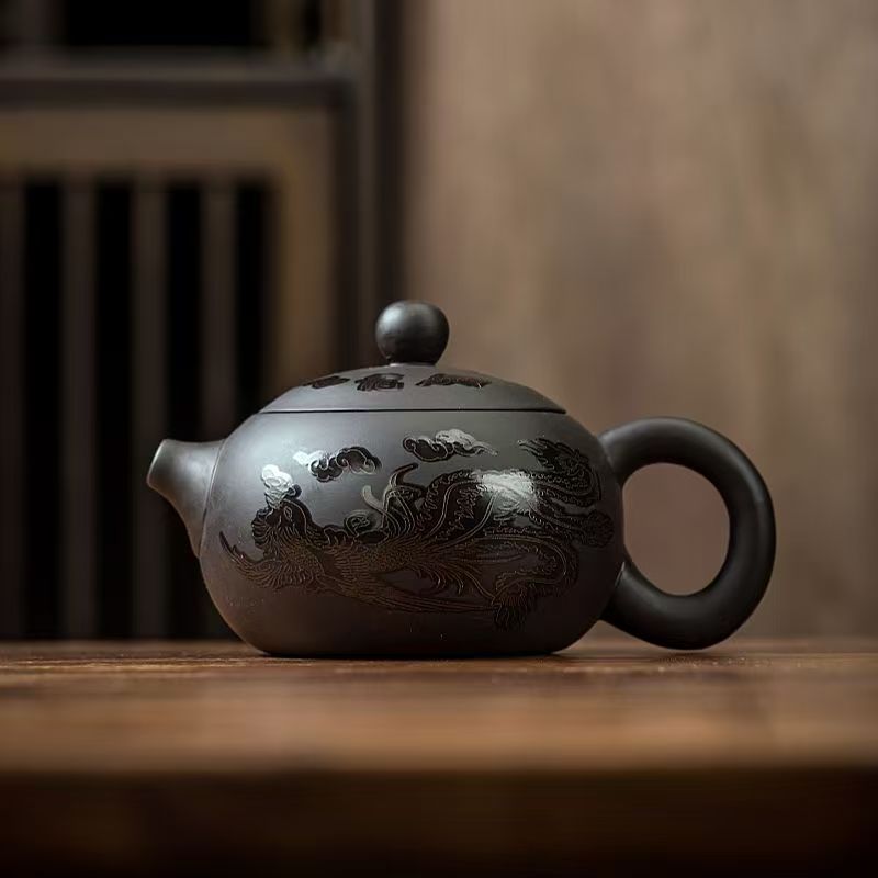 紫砂变色龙凤呈祥茶壶w2062