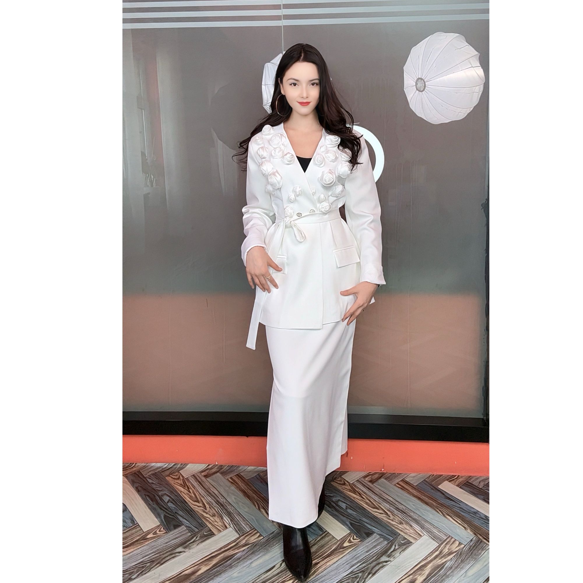 8358【阿布】御姐风立体花朵设计西装两件套套装