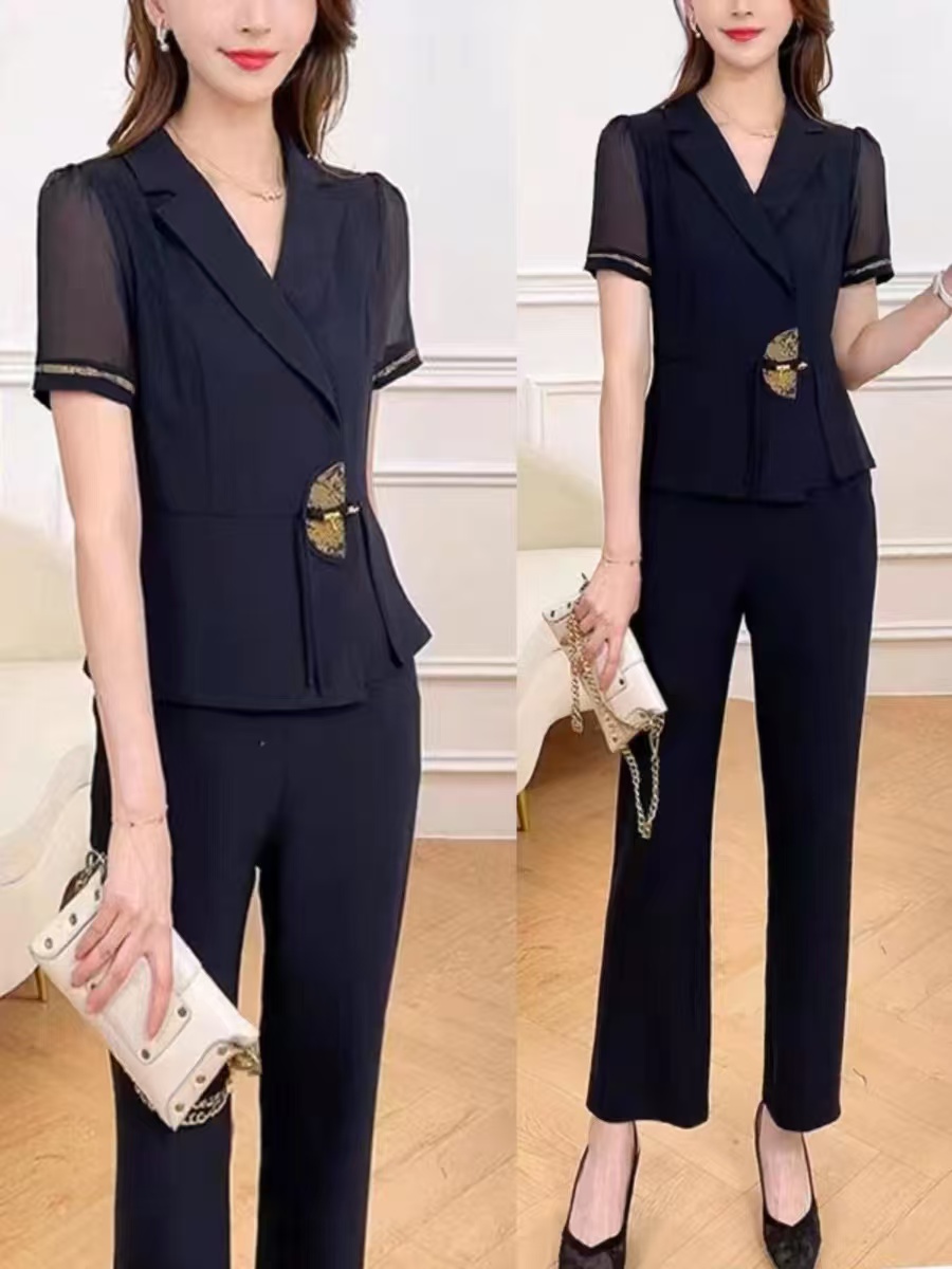 格调美美35-1高档夏季新款时尚中年妈妈洋气显瘦两件套