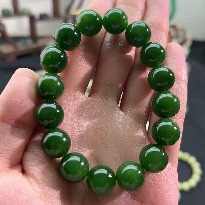 和田玉颈饰未镶嵌碧玉-老坑菠菜绿-13mm手串