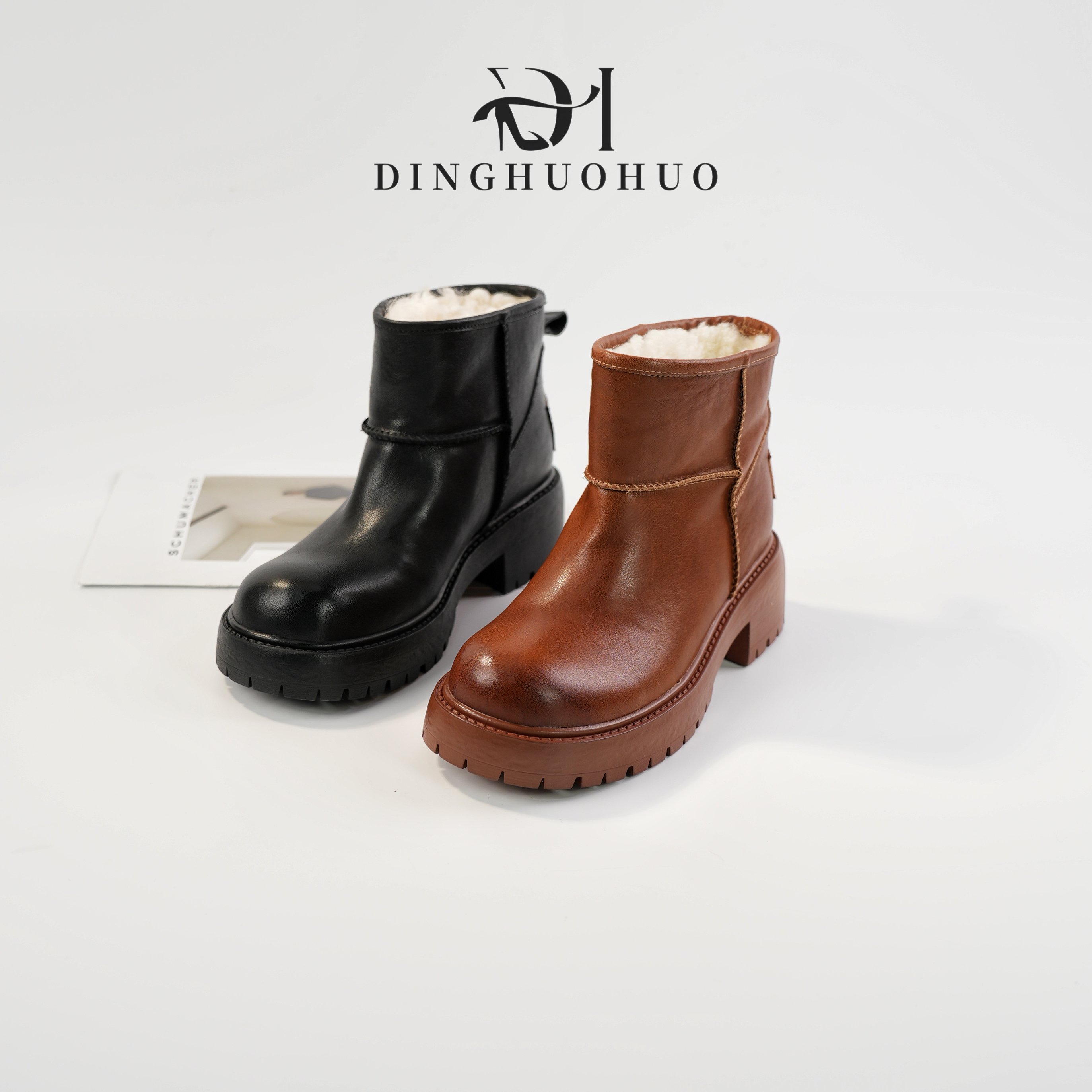 【Dhh】跟5cm•头层牛皮•圆头防滑雪地靴羊羔毛厚底粗跟冬保暖短靴