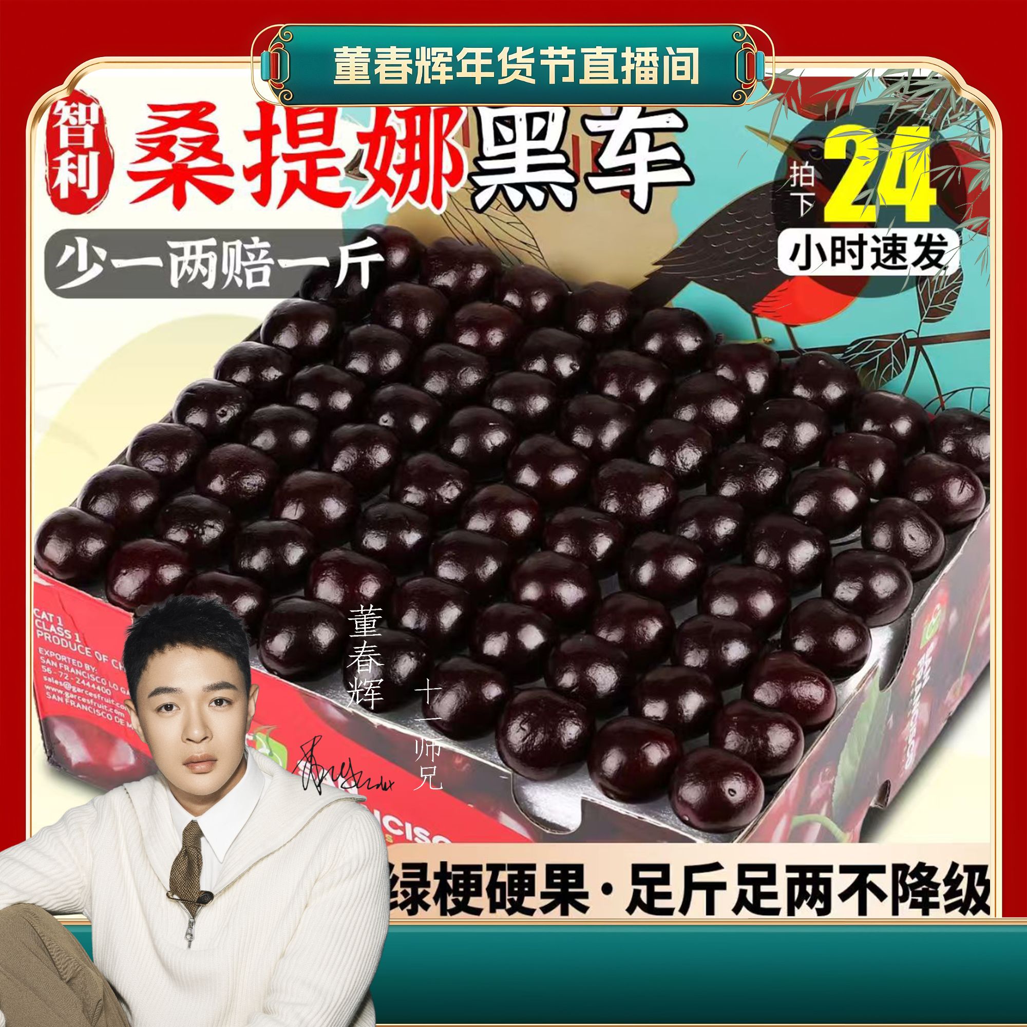 【董春辉专属】智利桑提娜3JD5斤原箱进口海运车厘子黑车内附果径卡