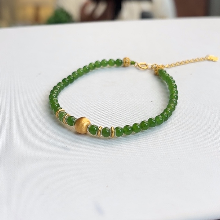 和田玉（碧玉）银S925镶嵌手链4mm辣阳绿设计款