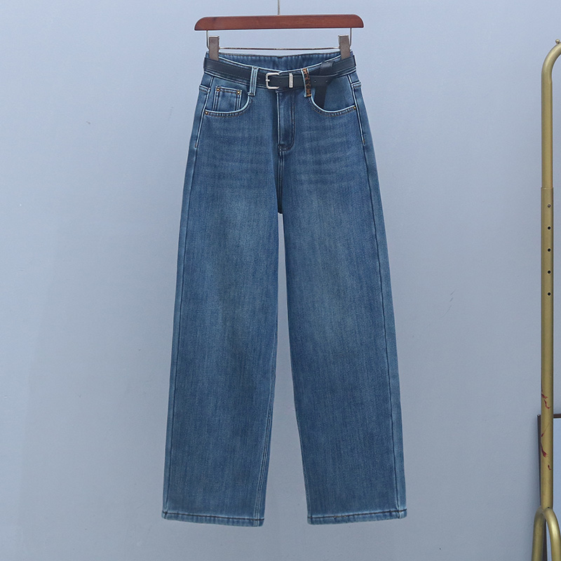 冬季加绒加厚窄版直筒裤2025年新款高腰弹力牛仔裤显瘦潮流阔腿裤