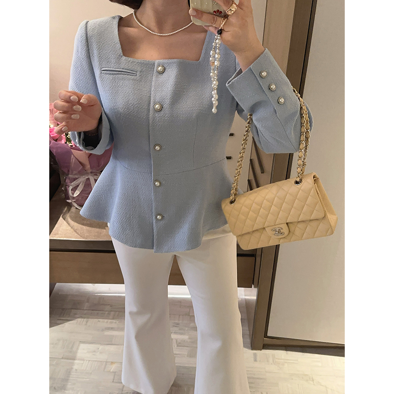 【双11清仓】【蓝汐雅韵】春季修身收腰粗花呢方领短外套Z525T00603