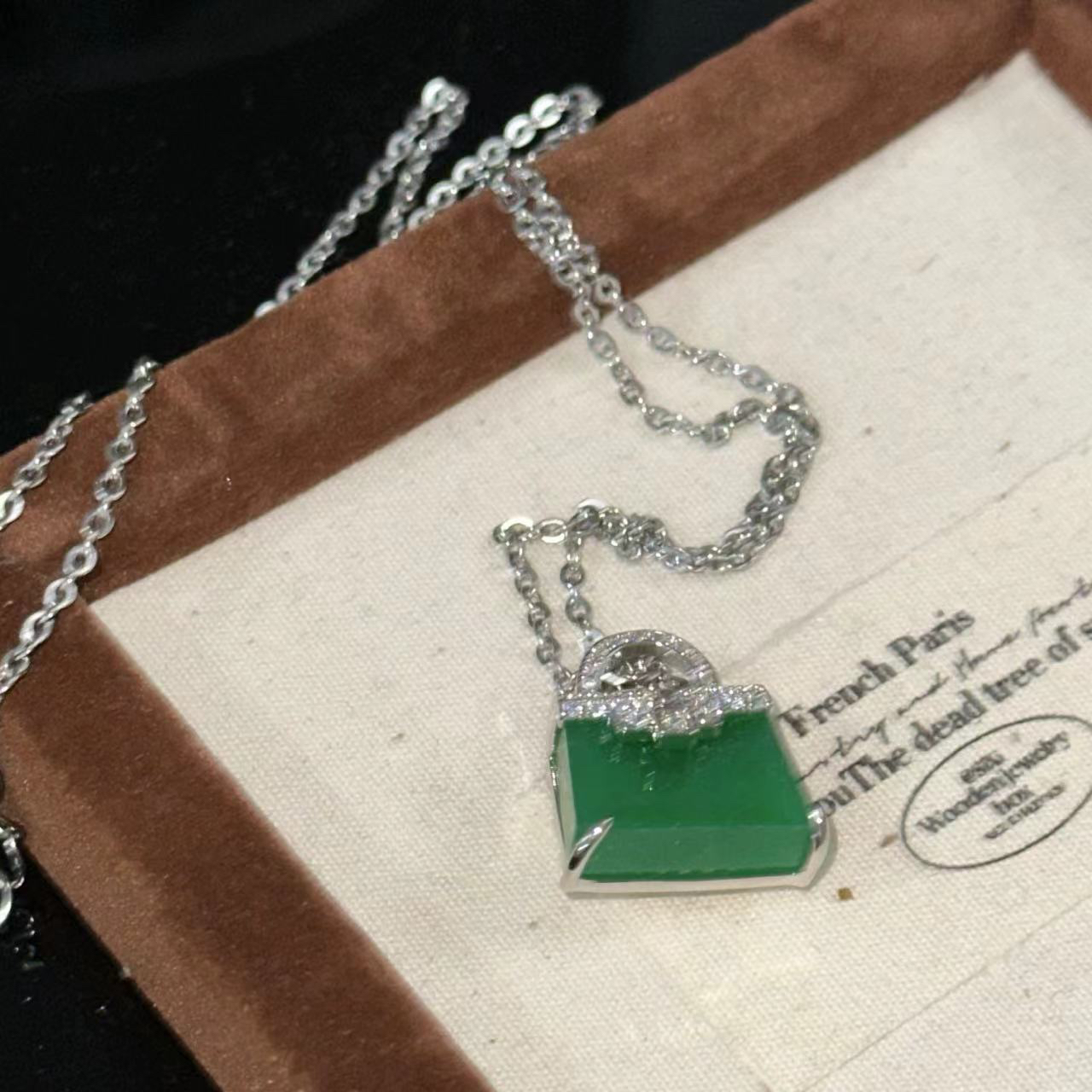 铜合金项链 精致绿色双层包包项链-3969