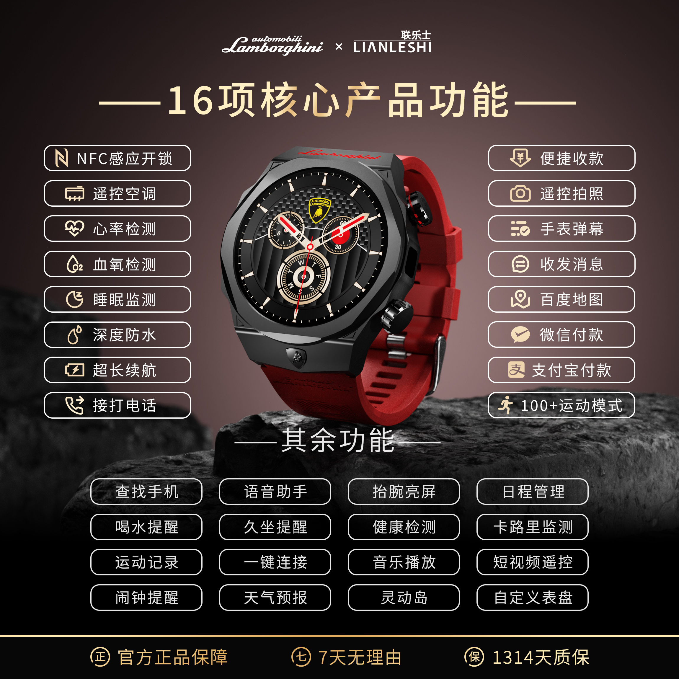 LIANLESHI兰博基尼联名款智能手表AI语音控制双支付红外遥控RLT03